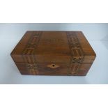 A marquetry inlaid workbox and contents 11cm x 25 x 17cm in generally good condition