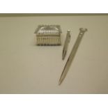A silver stamp box, a silver letter opener and a silver pencil, total weight approx 4.6 troy oz, all