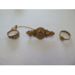 A hallmarked 9ct ring, a 9ct brooch and a gilt metal ring, total weight approx 6.8grams