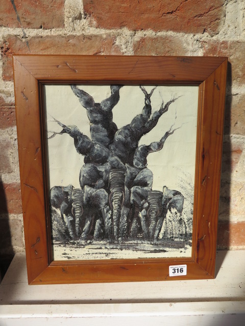 A 20th century framed oil on cloth depicting a surrealistic baobab tree, signed Kwina, 34cm x 38cm