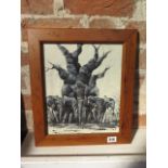 A 20th century framed oil on cloth depicting a surrealistic baobab tree, signed Kwina, 34cm x 38cm