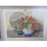 R.M. Mackay, watercolour, Roses in a vase with a Japanese plaque and figurine, 32cm x 46cm, signed