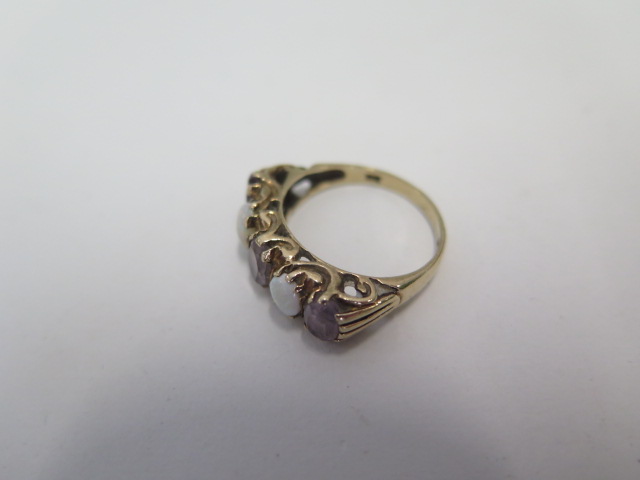 A hallmarked 9ct gold opal and amethyst ring, size N, approx 3.3grams, some wear consistent with use - Image 2 of 3