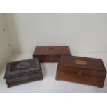 A rosewood and white metal music box, 19cm wide and two mahogany boxes