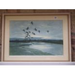 A signed Peter Scott print of migrating mallards in a cream frame, 50cm x 68cm