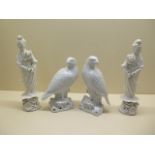 A pair of blanc de chine Guanyin figures, 26cm tall and a pair of eagles, figures in good