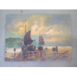 An oil on canvas barges on the shore signed W Dalen, possible W van Dalen, circa 20th century,
