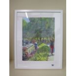 Local artist John Bell watercolour 'The woman in the red trousers River Cam Cambridge', size 43cm