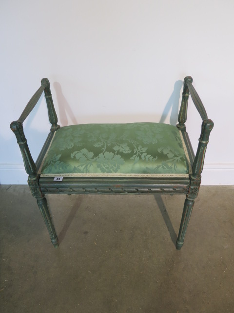 A 19th century French painted upholstered stool, 68cm tall x 64cm x 38cm