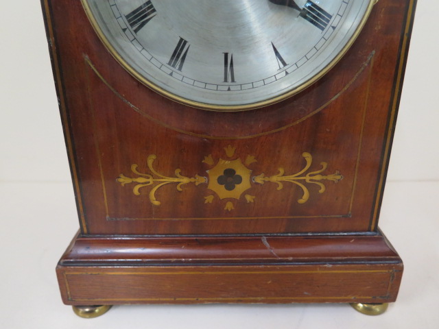 A 19th century bracket clock, mahogany case with brass inlay 8 day movement, twin fusee, strikes - Image 2 of 5