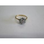 An 18ct yellow gold diamond and emerald hallmarked ring, ring size P/Q, approx 3grams, generally