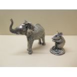 2 x silver covered resin animals of an elephant and mouse by CA dated 1951, 11 and 7cm tall, both