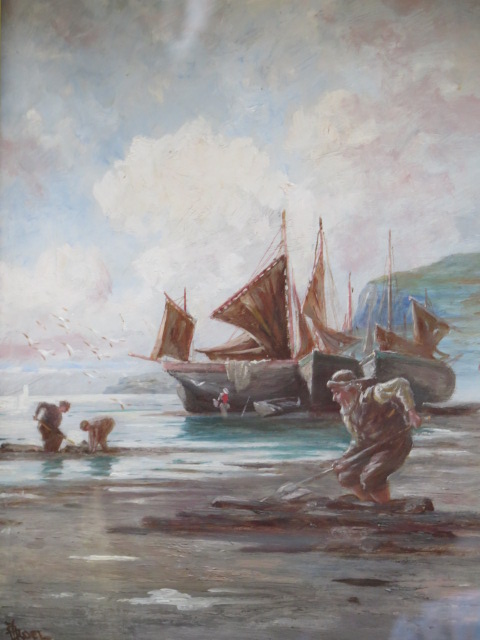 J H Boel, John Henry Boel, British 1884-1922, a pair of oil on canvas beach scenes with barges in - Image 3 of 6