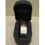 A gents Emporio Armani quartz wristwatch on a faux crocodile strap, running in saleroom