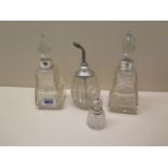 4 silver rimmed glass scent bottles, tallest 18cm tall