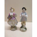 A pair of continental figures of a gallant and flower seller, 15cm tall, some small chips,