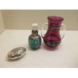 A silver mounted scent bottle and a silver mounted twin handle vase, 12cm tall and a metal pot - all