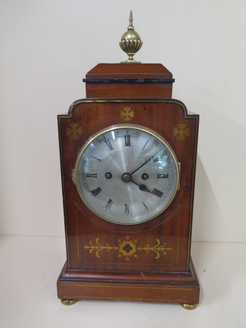 A 19th century bracket clock, mahogany case with brass inlay 8 day movement, twin fusee, strikes