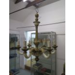 A painted carved wood 6 branch candelabra ceiling light fitting, 70cm tall x 60cm wide