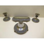 An ormulu 4 piece desk stand candlesticks, 9cm tall, with original bottle, all generally good