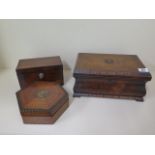 A walnut jewellery box and two other boxes