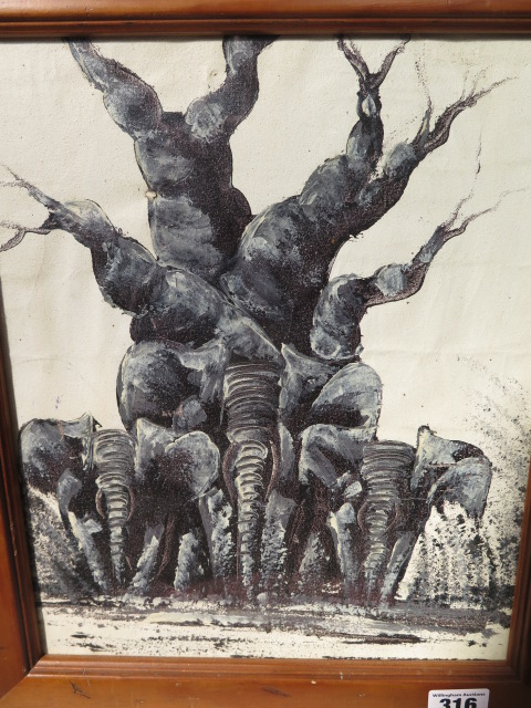 A 20th century framed oil on cloth depicting a surrealistic baobab tree, signed Kwina, 34cm x 38cm - Image 2 of 3