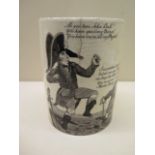 A 19th century Creamware tankard, black printed with a humerous Napoleonic scene and John Bull, 12cm