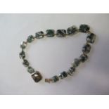 A Moss agate necklace, 42cm long, with gold clasp, tests to approx 9ct, generally good with some