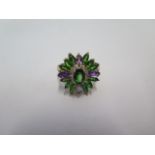 A 9ct yellow gold green garnet, amethyst and diamond spray ring, size Q, approx 4.7grams in good