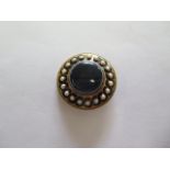 A banded agate pearl and enamel gold brooch pendant 4cm diameter in good condition apart from a touc