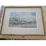 Michael Norman line and watercolour Thames barges at Pin Mill 1997, frame size 49 x 66cm in good