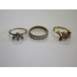 A hallmarked 18ct ring approx 3.2 grams, a 15ct gold ring approx 1.8 grams and an eternity ring