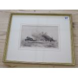 William Lionel Wyllie 1851-1931 Etching of torpedo boats, signed bottom left in a gilt frame 34x43cm