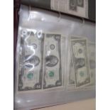 An album of World bank notes mainly USA dollars, 2 dollars, 5 dollars, 10 dollars, 20 dollars and