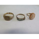 A cut 9ct gold signet ring, a 9ct cameo ring and another 9ct ring, missing a stone, total weight