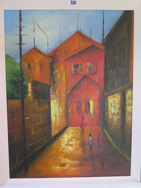Robert Lee, oil on canvas laid onto board, figures in a court yard, signed Lee, 60cm x 45cm, in good