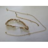 A broken 15ct gold chain approx 1.2gs and two gold bracelets testing to approx 9ct, one broken,