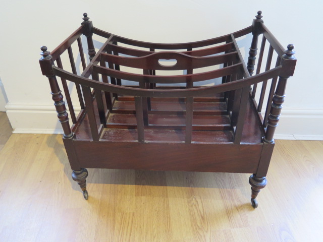 A 19th century mahogany Canterbury with a base drawer on turned legs, 58cm high x 68cm x 40cm - Image 4 of 4