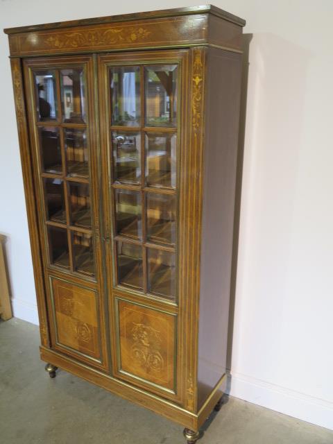 A French 19th century rosewood inlaid bookcase, the glazed doors opening to reveal five internal - Image 3 of 7