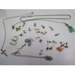 A collection of assorted earrings, 2 silver necklaces and a gilt necklace and pendant