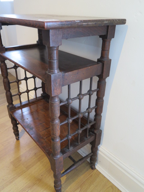 An oak three tier side table, probably Liberty & Co, with lattice work sides on short turned legs, - Image 3 of 4