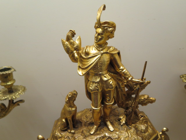 A Louis XVI style gilt metal mantel clock with a figural surmount and inset painted porcelain dial - Image 2 of 8