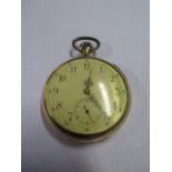 A continental yellow gold pocket watch, tests to approx 18ct, 4.5cm wide, approx 68 grams, running