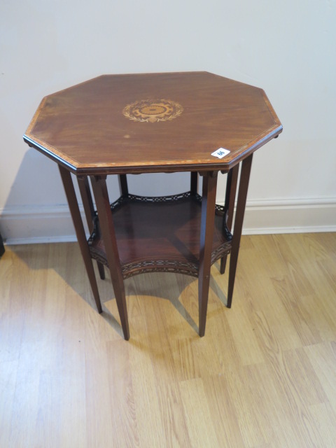 An Edwardian mahogany occasional table with gallery and inlaid top, 66cm tall x 54cm x 45cm, some