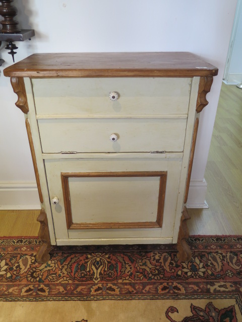 A painted pine cupboard with hinged top, fall front and cupboard beneath, 80cm tall x 64cm wide x