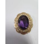 A French gold Amethyst and pearl brooch, 3.5cm x 3cm, tests to approx 18ct, one pearl has been re-