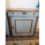 A painted pine cupboard with frieze drawer on bun feet, 82cm wide x 72cm tall x 48cm deep, later