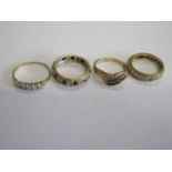 Three hallmarked 9ct yellow gold rings, sizes N/M/O, and another 9ct ring, size P, one eternity ring