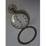 A 9ct yellow gold cased Waltham top wind pocket watch, 5cm wide, dent to side of case, dial good and