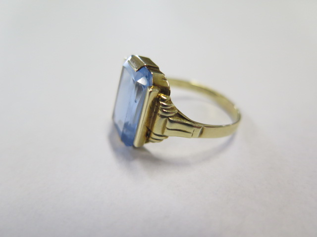 A 14ct gold ring with baguette cut topaz, indistinct hallmarks, overall weight 4.6 grams, size P, - Image 2 of 4